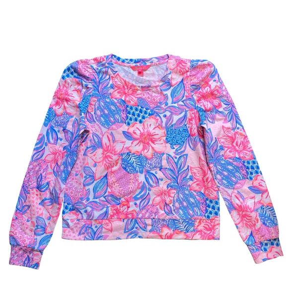 Lilly Pulitzer Jansen Sweatshirt M Pink Blue Puff Sleeve Resort Coastal Cruise - Picture 1 of 7